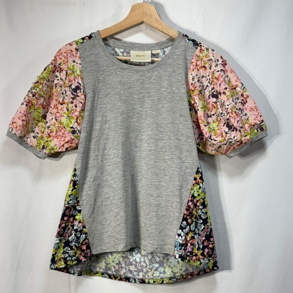 🍑Mauve Gray Tee with Floral Puff Sleeves and back- mixed woven with knit fabric